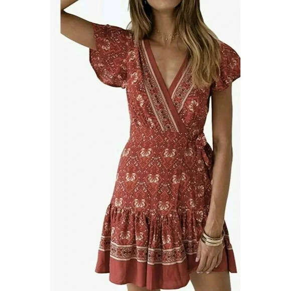 Zesica V Neck Dress Wrap Summer Boho Mini Print Dress Beach Casual Floral Size S - Picture 3 of 12